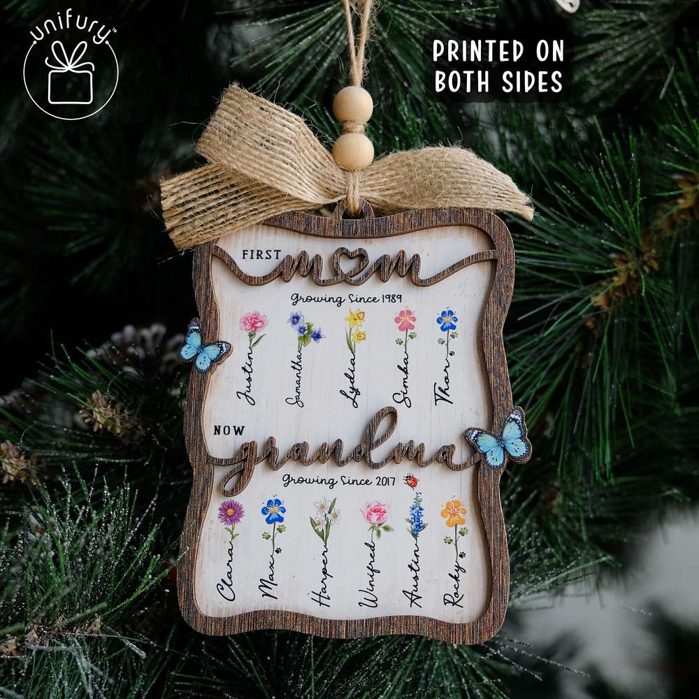 First Mom Now Grandma Custom Shape Wooden Ornament - Birth Flower - Gifts For Grandma, Dog Cat Lovers