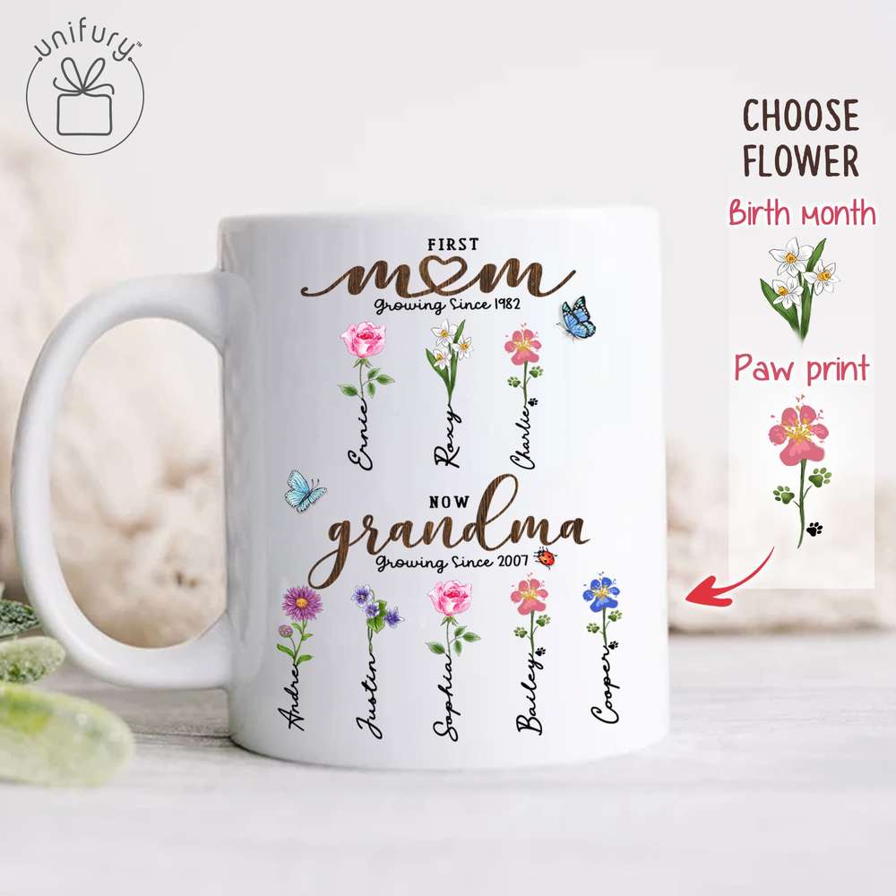 First Mom Now Grandma - Birth Flower Sign - Personalized Edge-to-Edge Mug For Grandma, Dog Cat Lovers