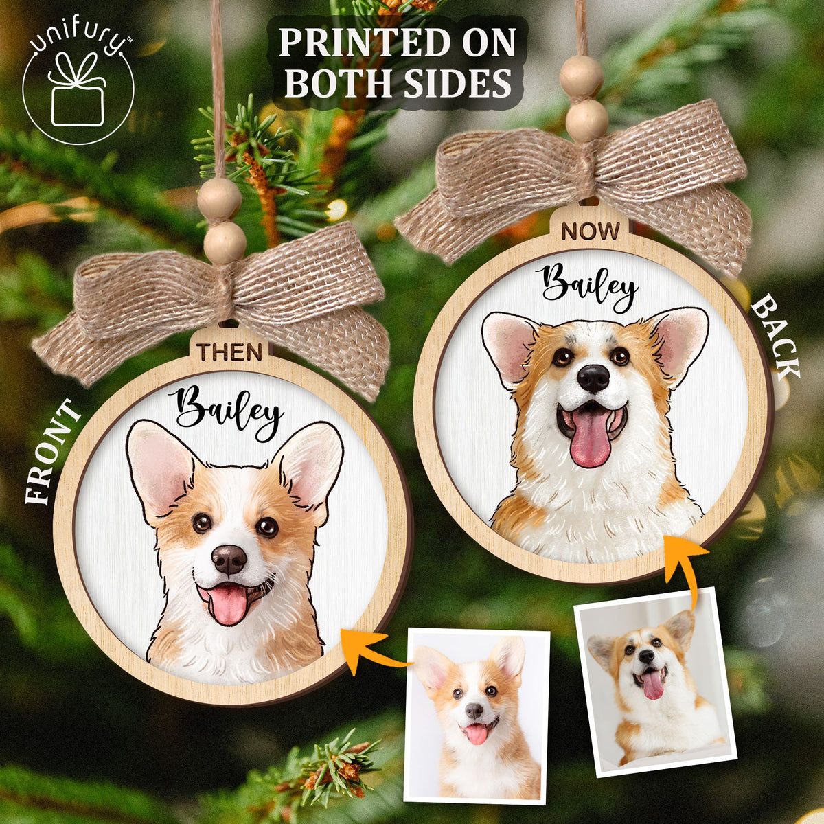 Custom Then And Now Pet Portrait Circle Wooden Ornament