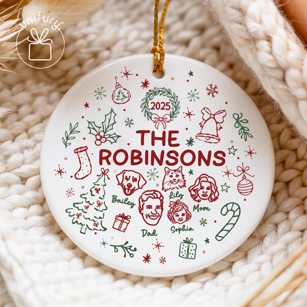 Custom Lineart Drawing Family Pet Ornament Ceramic Ornament - Family Ornament - Gifts For Dog Cat Lovers