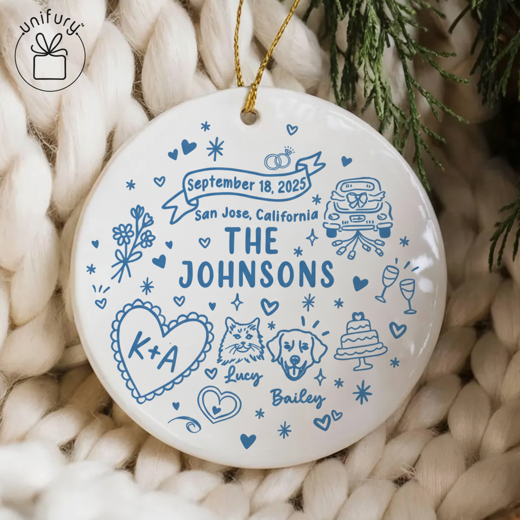 Custom Married Ornament Circle Ceramic Ornament - Married Gifts - Wedding Gifts For Dog Cat Lovers