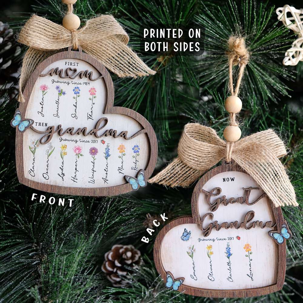 First Mom Then Grandma Now Great Grandma Custom Shape Wooden Ornament - Birth Flower - Gifts For Grandma, Dog Cat Lovers