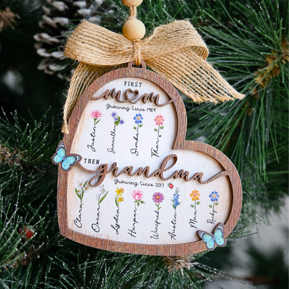 First Mom Now Grandma Custom Shape Wooden Ornament - Birth Flower - Gifts For Grandma, Dog Cat Lovers