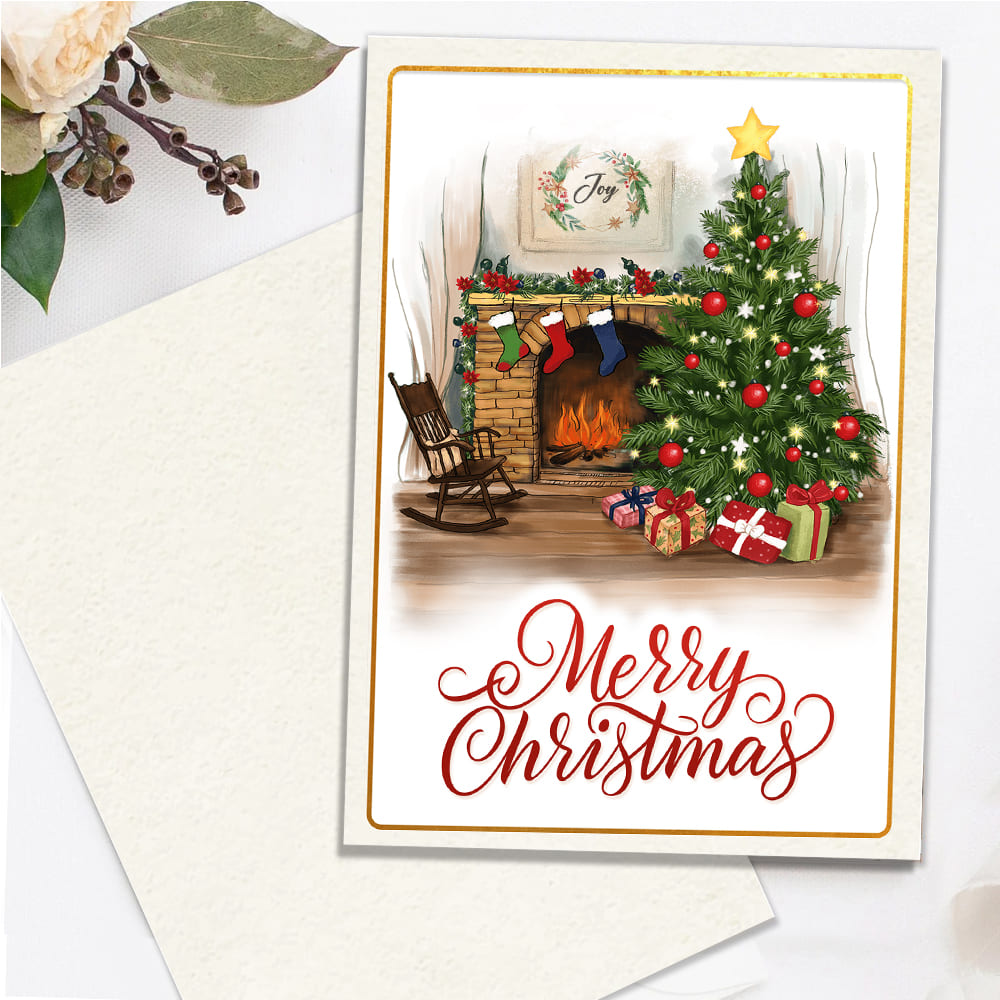 Merry Christmas Fireplace Folded Greeting Card