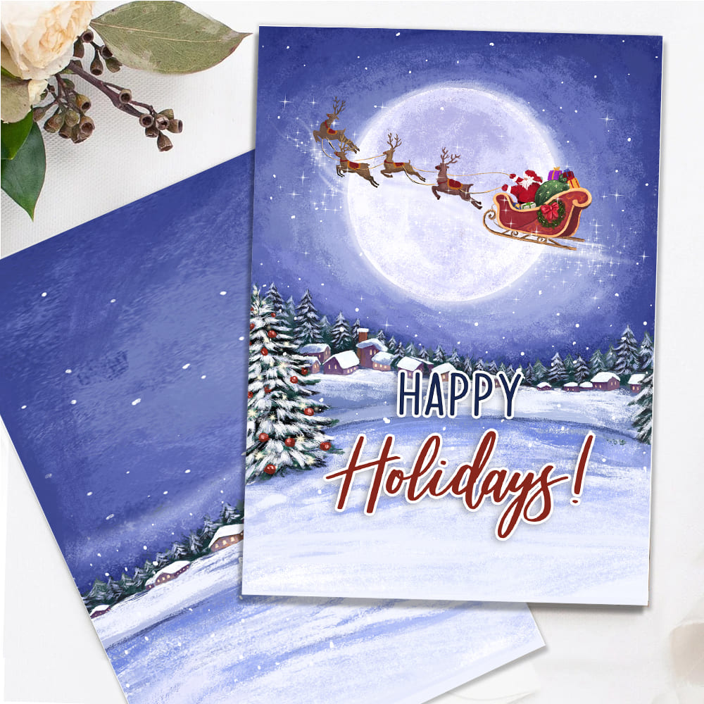 Moonlight Santa Sleigh Happy Holidays Folded Greeting Card