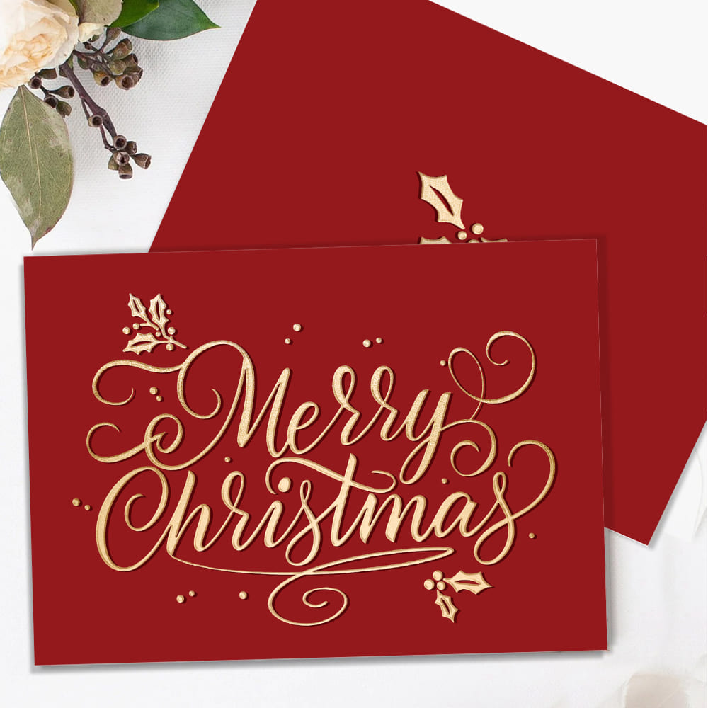 Red & Faux Gold Merry Christmas Folded Card - Christmas Card