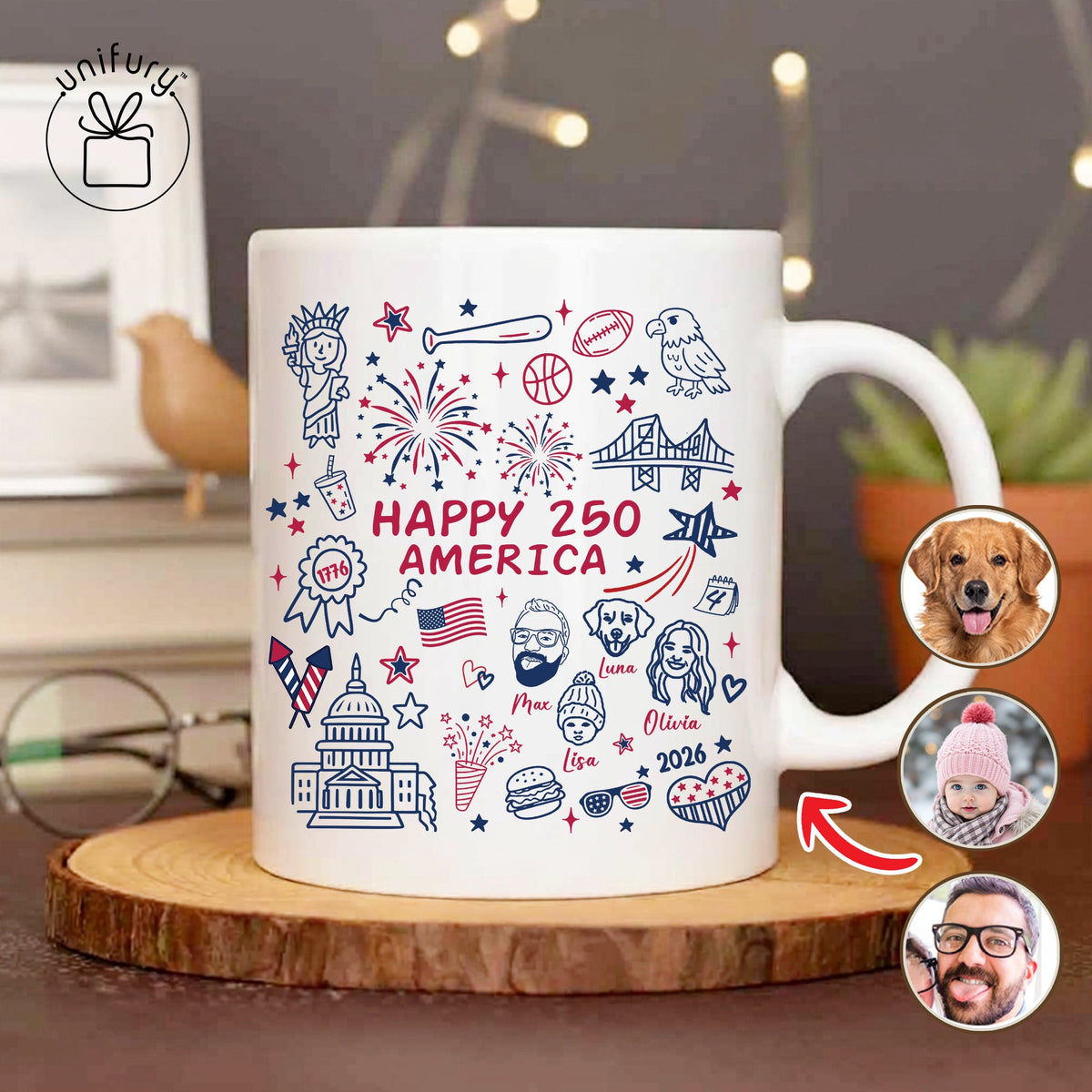Custom 4th of July Line-art Drawing Ceramic Edge-to-Edge Mug - Gift For Family - Independence Day Gifts