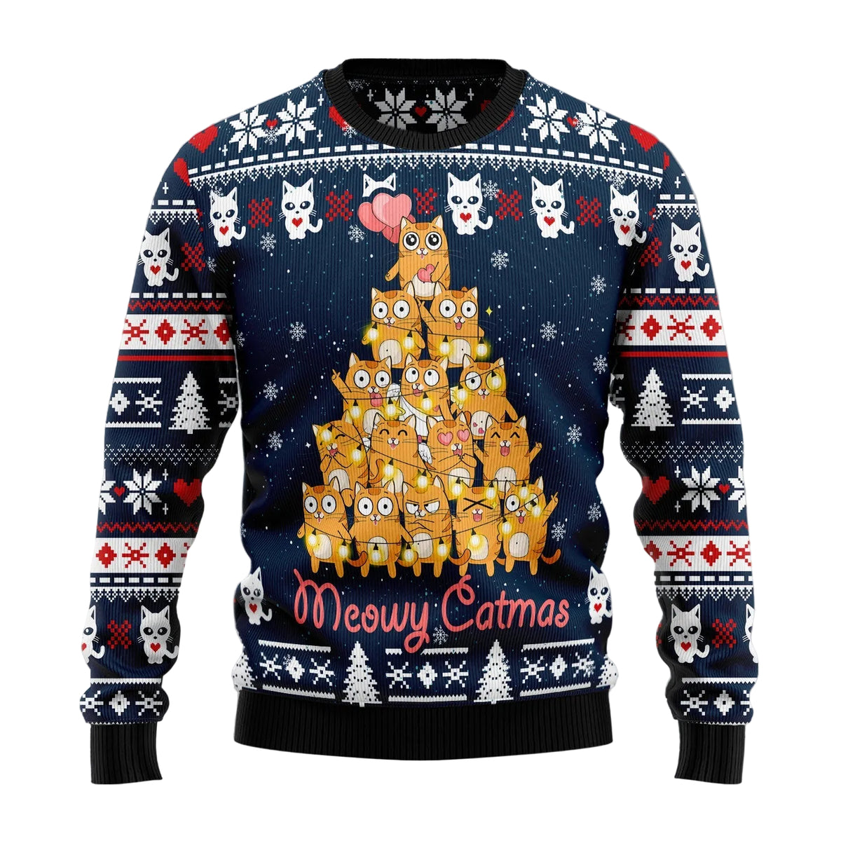 Meowy Catmas Ugly Christmas Sweater, Funny Cat Pun Holiday Pullover for Kitty Lovers, Fun Xmas Party Clothing