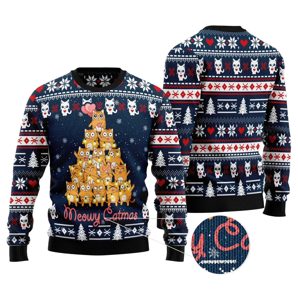 Meowy Catmas Ugly Christmas Sweater, Funny Cat Pun Holiday Pullover for Kitty Lovers, Fun Xmas Party Clothing