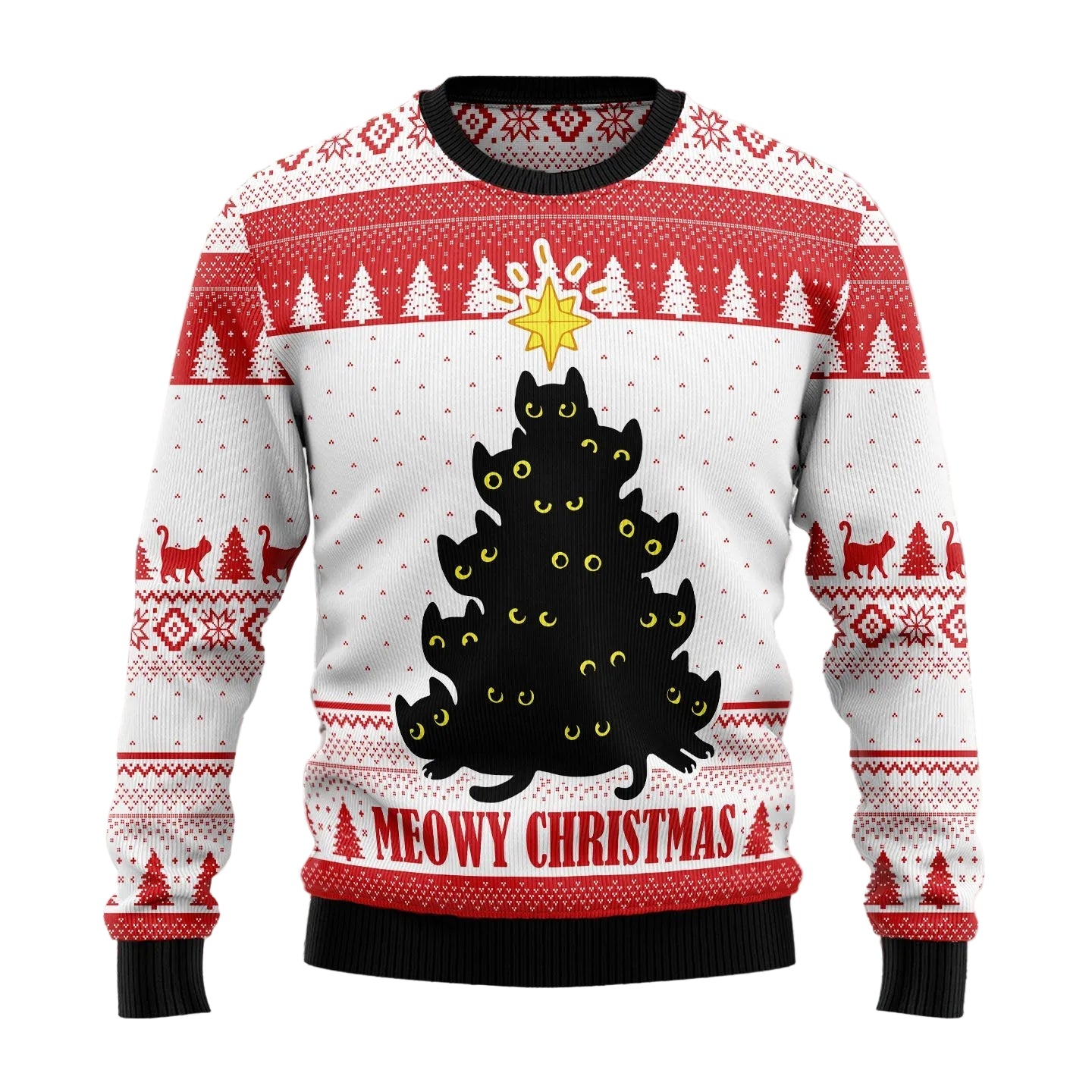 Meowy Christmas Cat Ugly Christmas Sweater, Cute Festive Kitty Christmas Pullover for Cat Moms and Cat Dads
