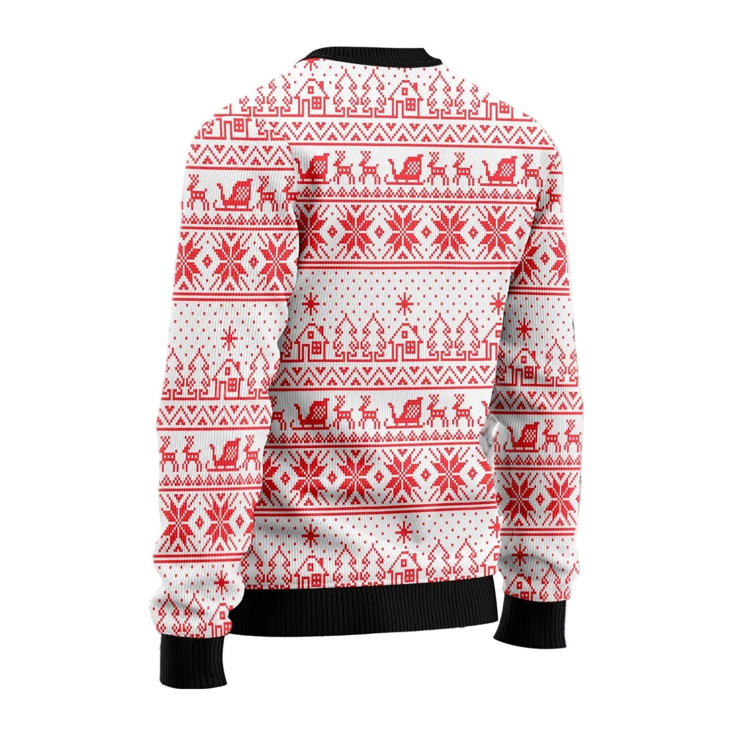 A Christmas-themed knit sweater with a red and white holiday pattern featuring reindeer, sleighs, snowflakes, and houses, displayed against a snowy forest background.