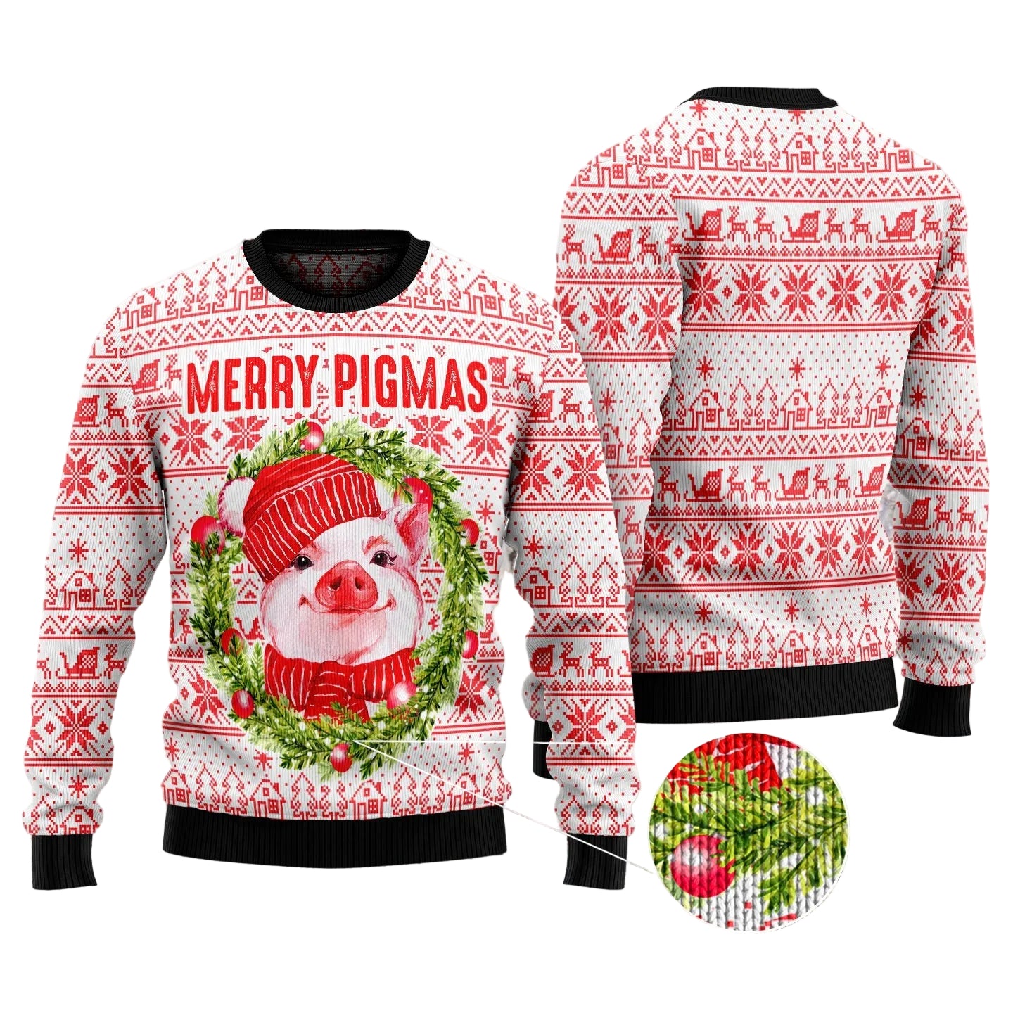 A festive Christmas sweater shown from the front and back, featuring a white base with red holiday patterns, a large pig graphic in a wreath, and the text 'MERRY PIGMAS'.