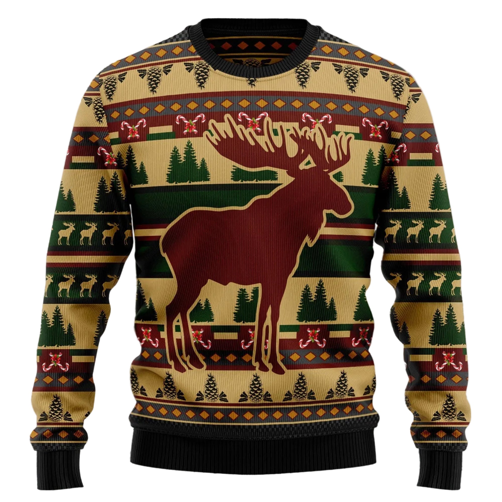A festive Christmas sweater with a large brown moose silhouette on a beige background, surrounded by green pine trees, red and yellow geometric patterns, and small reindeer motifs. The sweater is shown against a snowy outdoor background with pine branches.