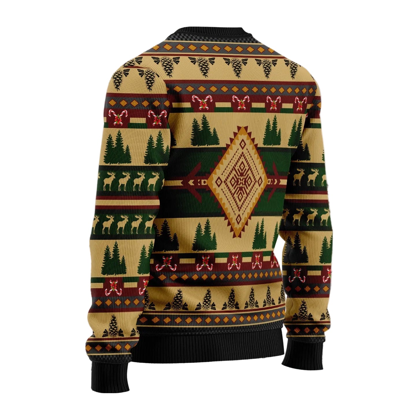 A festive Christmas sweater with a holiday pattern featuring reindeer, pine trees, and bows, shown from the back against a snowy forest background.