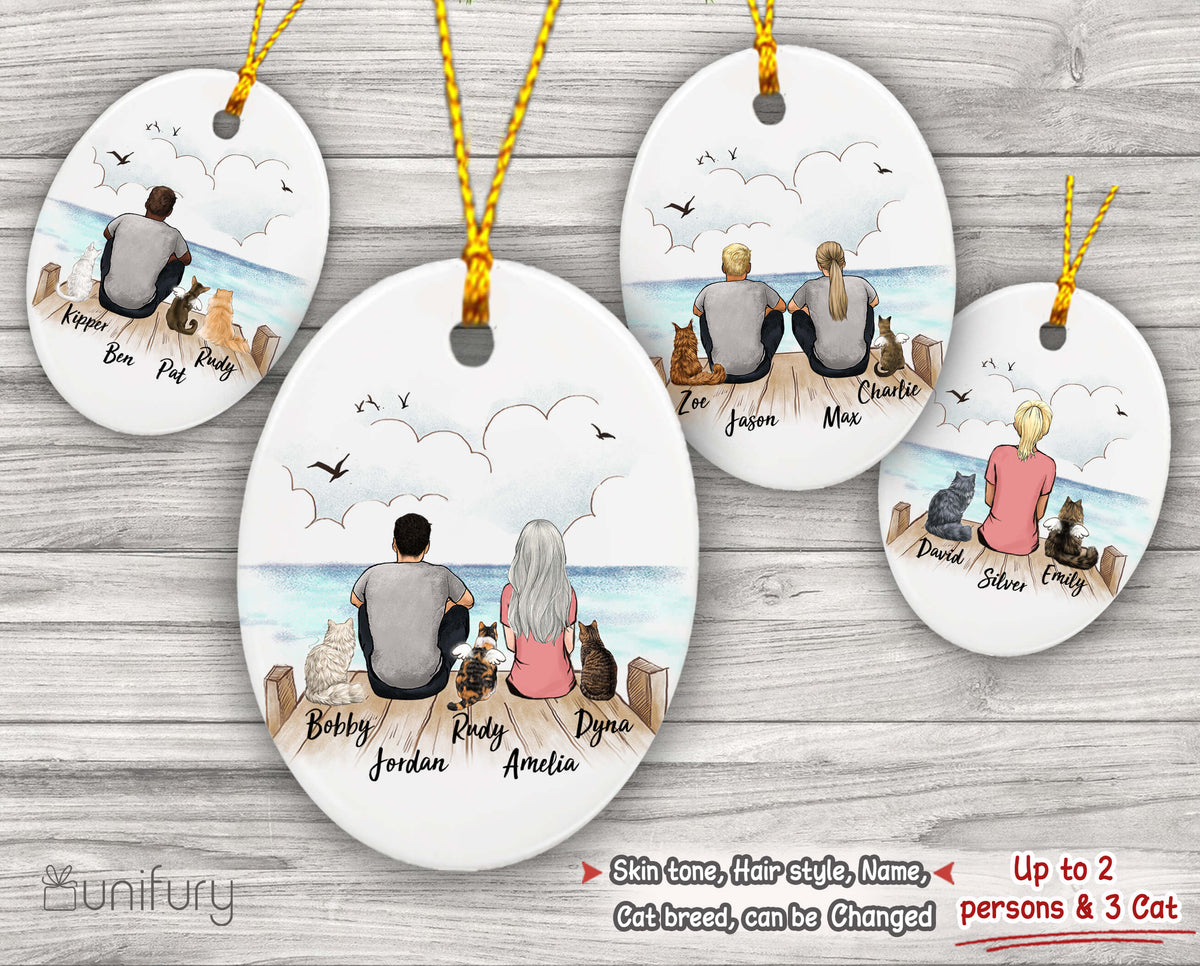 Personalized Cat & Couple Christmas Ornament - Wooden Dock