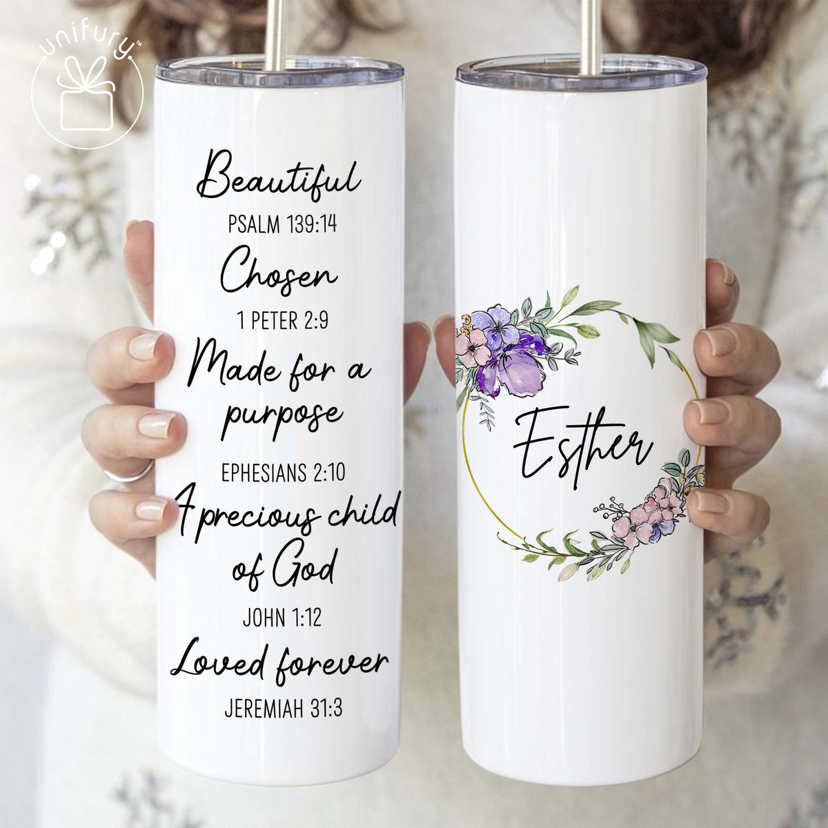 Personalized Christian Floral Skinny Tumbler, Custom Name Tumbler For Women