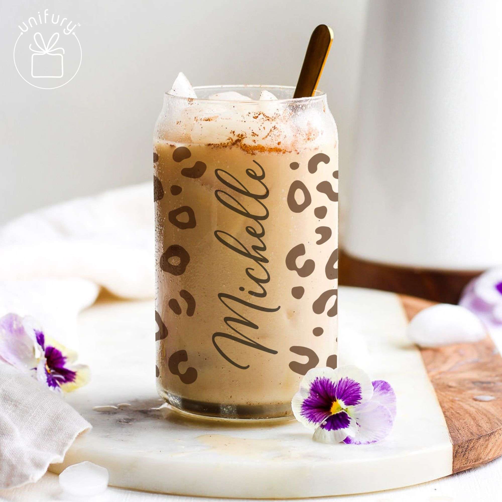Personalized Bridesmaid Clear Glass Tumbler, Leopard Coffee Cup