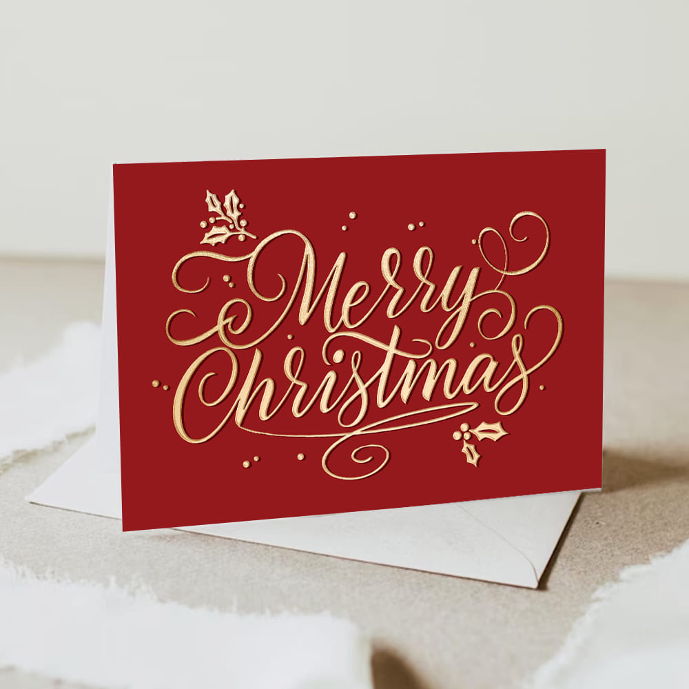 Red & Faux Gold Merry Christmas Folded Card - Christmas Card