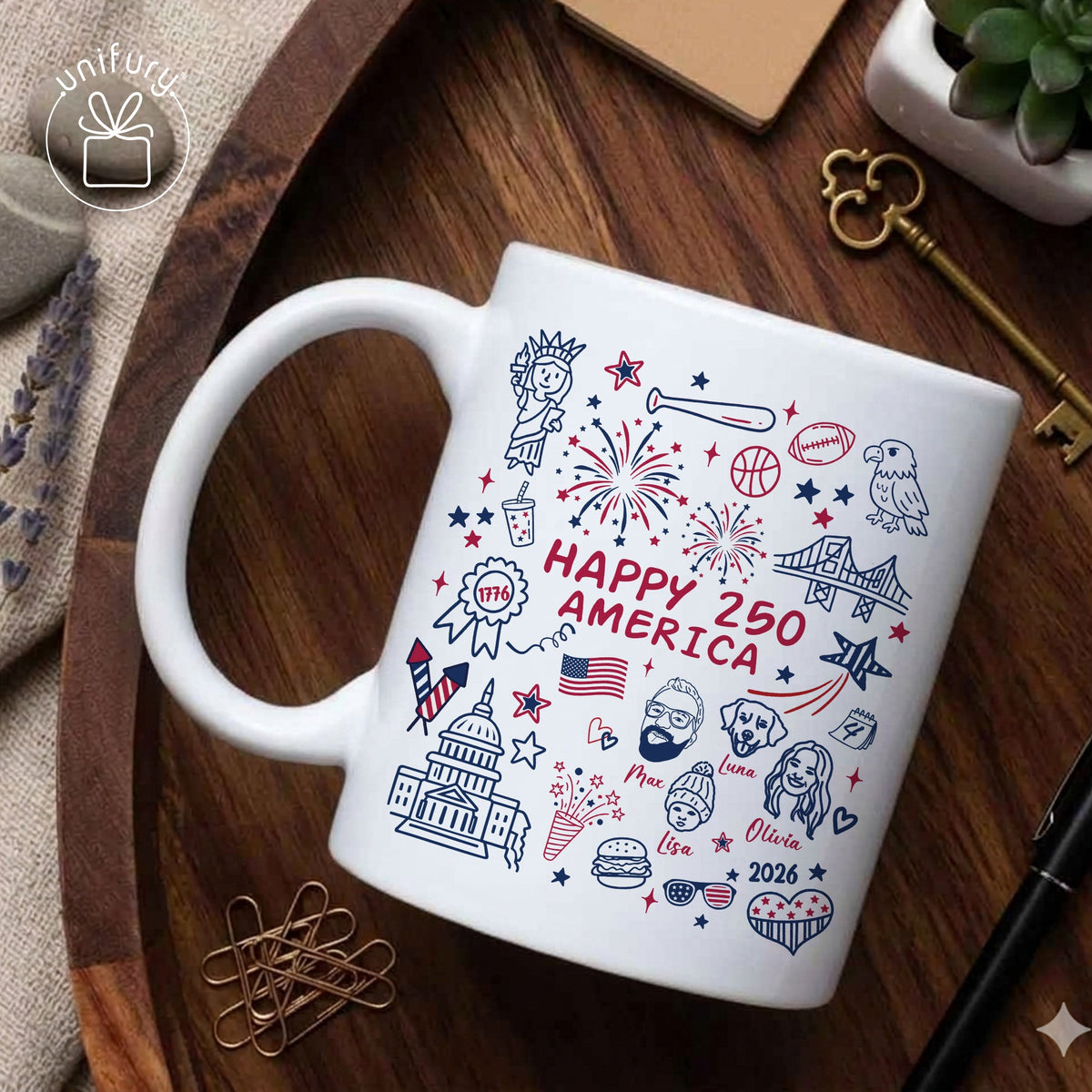 Custom 4th of July Line-art Drawing Ceramic Edge-to-Edge Mug - Gift For Family - Independence Day Gifts