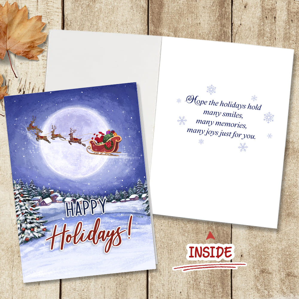 Moonlight Santa Sleigh Happy Holidays Folded Greeting Card
