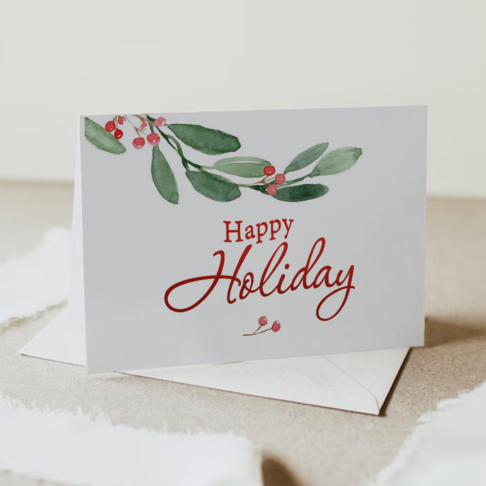 Watercolor Holly Happy Holiday Folded Card