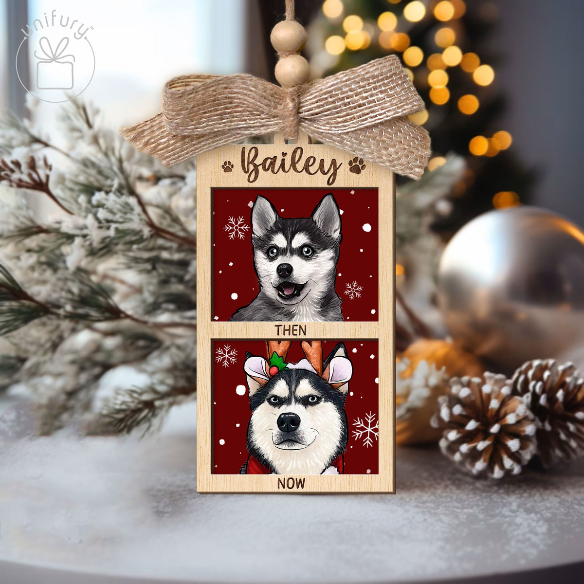 Custom Then And Now Pet Portrait Rectangle Wooden Ornament