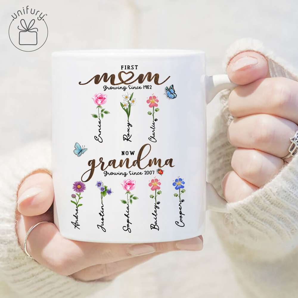First Mom Now Grandma - Birth Flower Sign - Personalized Edge-to-Edge Mug For Grandma, Dog Cat Lovers