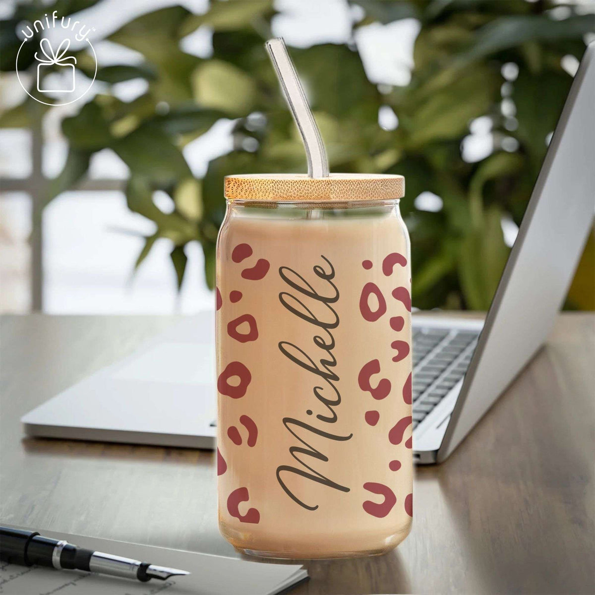 Personalized Bridesmaid Leopard Clear Glass Tumbler, Custom Name Coffee Cup