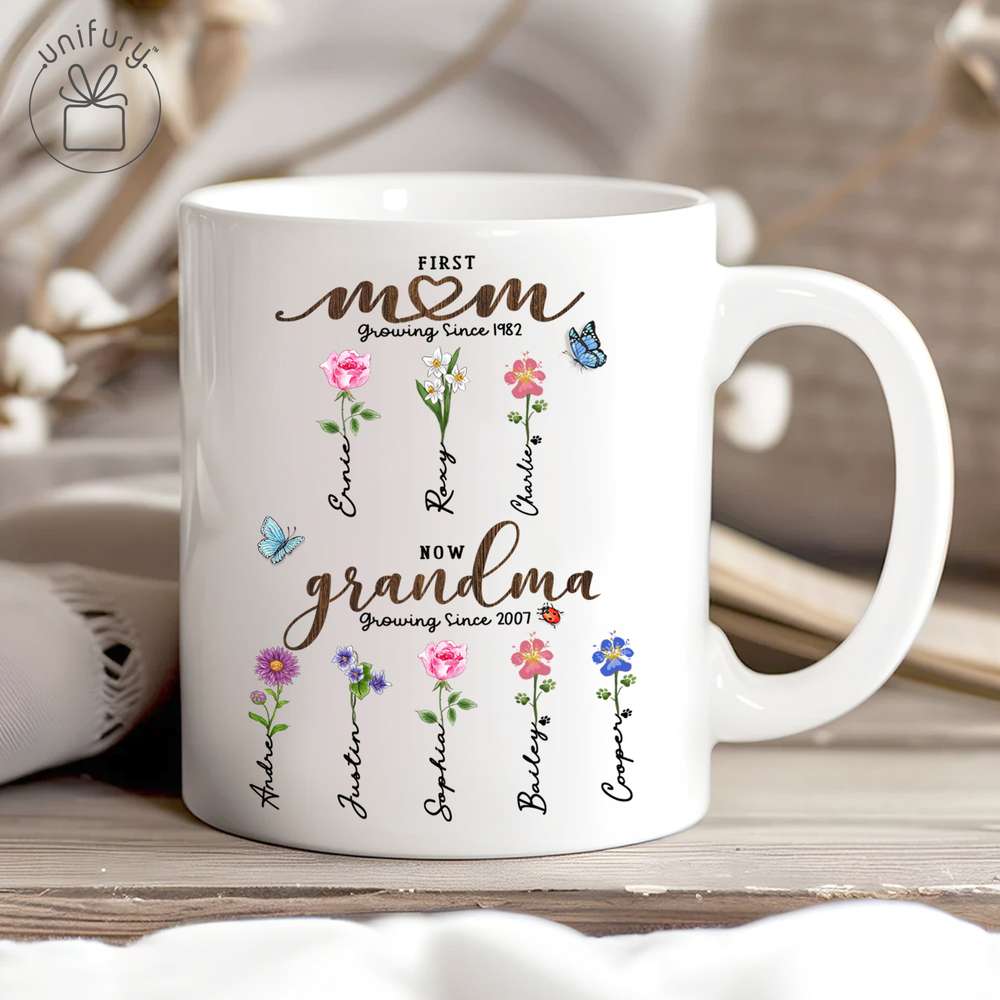 First Mom Now Grandma - Birth Flower Sign - Personalized Edge-to-Edge Mug For Grandma, Dog Cat Lovers
