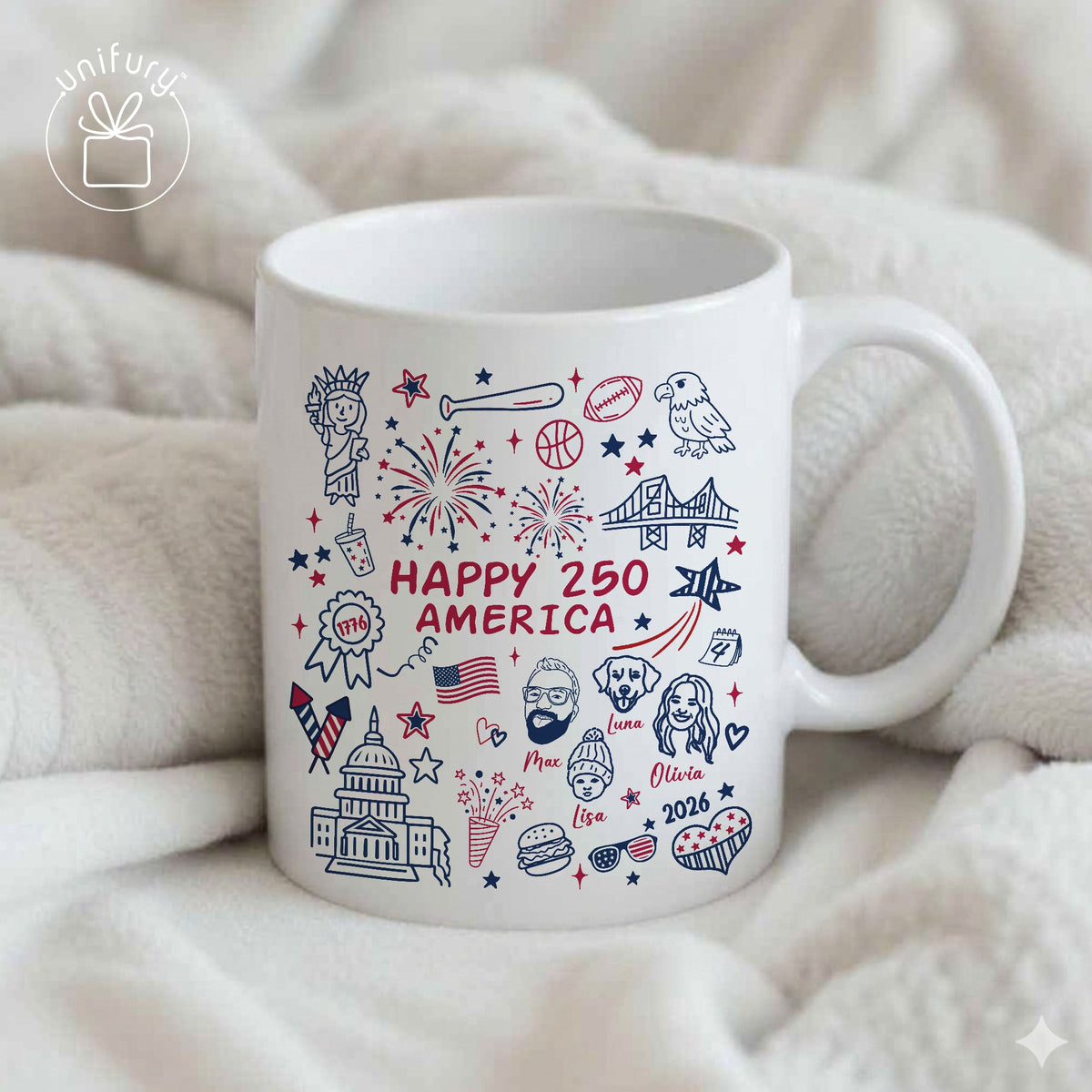 Custom 4th of July Line-art Drawing Ceramic Edge-to-Edge Mug - Gift For Family - Independence Day Gifts