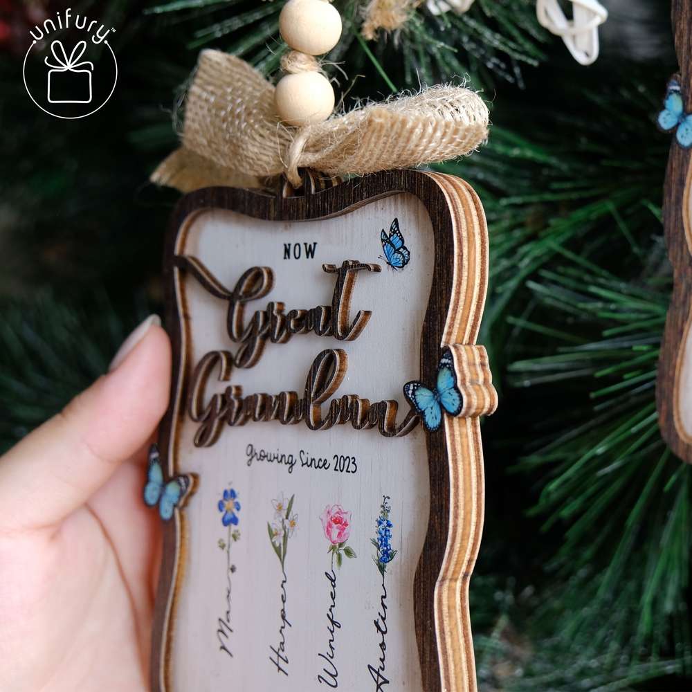 First Mom Then Grandma Now Great Grandma Custom Shape Wooden Ornament - Birth Flower - Gifts For Grandma, Dog Cat Lovers