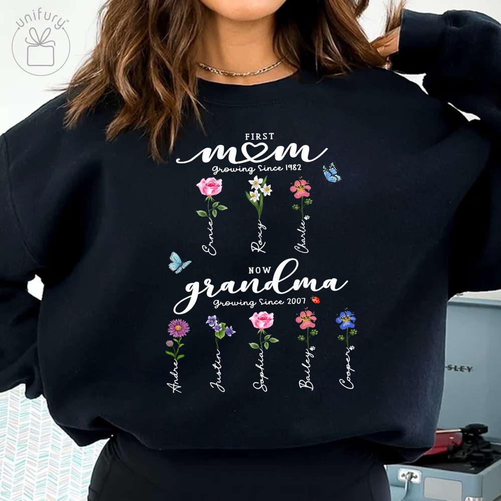 First Mom Now Grandma - Birth Flower Sign - Sleeve Printed Standard Sweatshirt For Grandma, Dog Cat Lovers