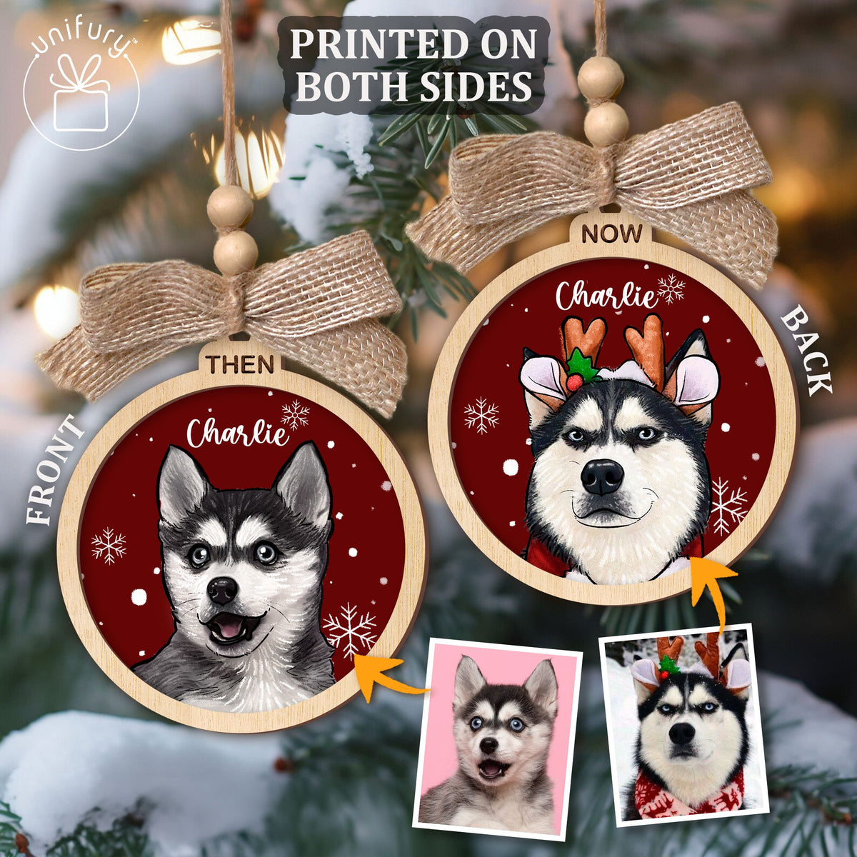 Custom Then And Now Pet Portrait Circle Wooden Ornament