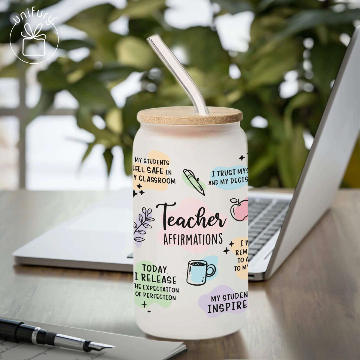 Personalized Teacher Affirmations Frosted Glass Tumbler, Custom Name Coffee Cup