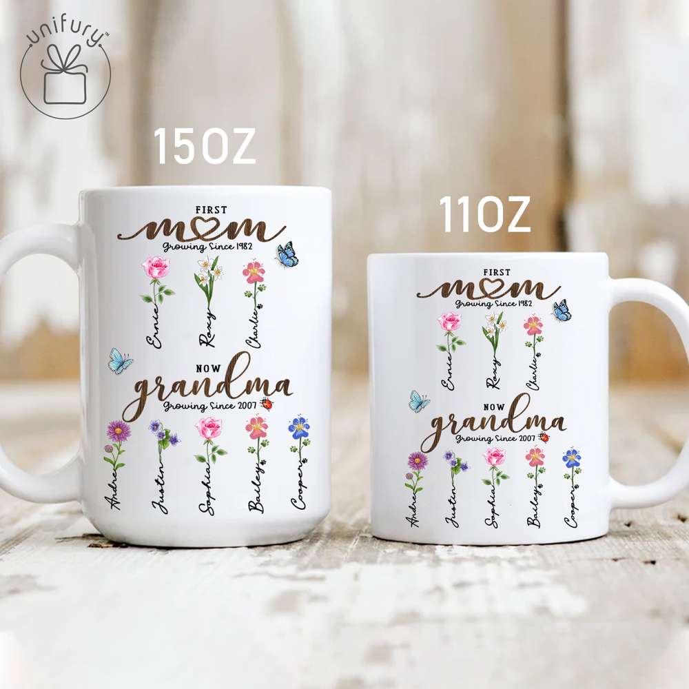 First Mom Now Grandma - Birth Flower Sign - Personalized Edge-to-Edge Mug For Grandma, Dog Cat Lovers