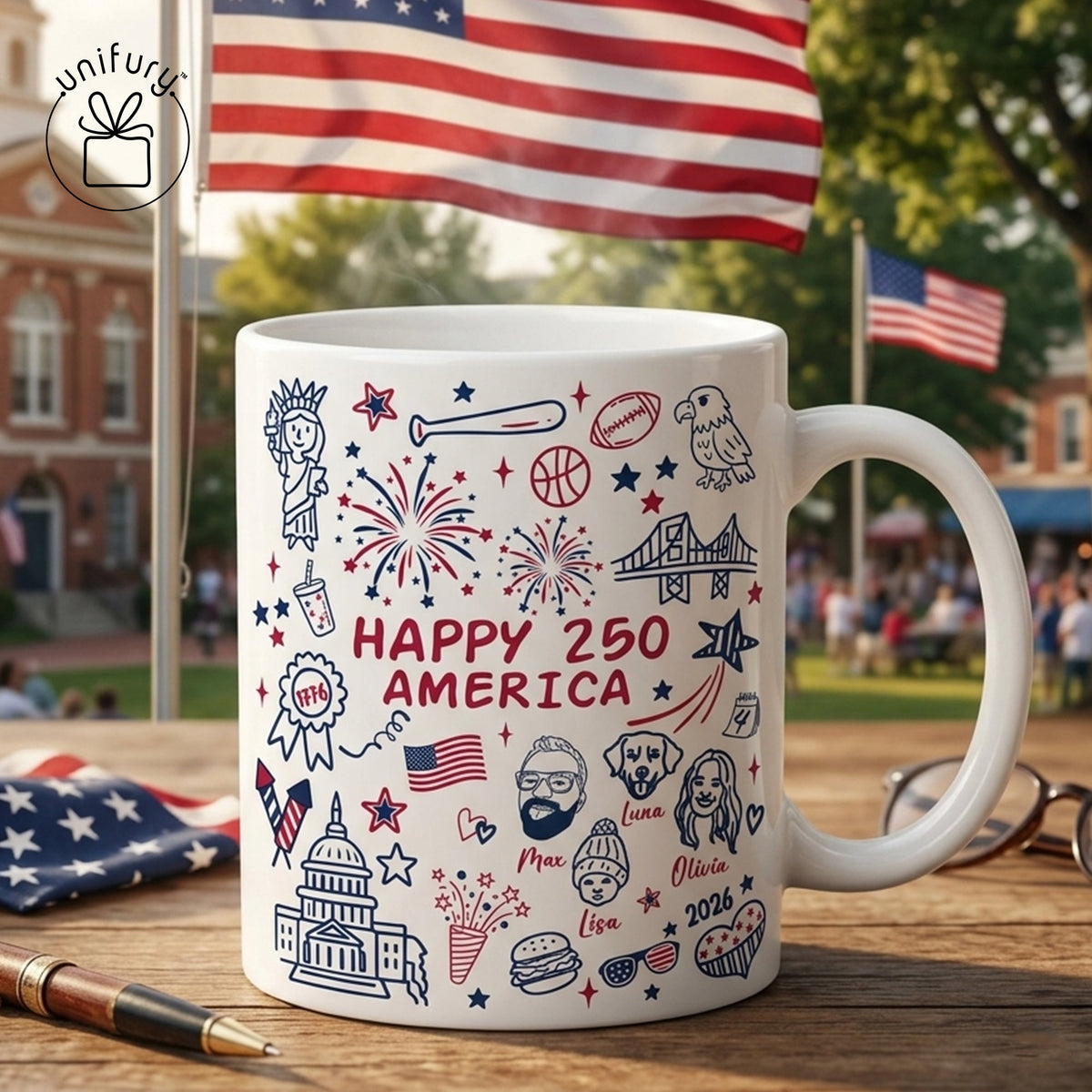 Custom 4th of July Line-art Drawing Ceramic Edge-to-Edge Mug - Gift For Family - Independence Day Gifts
