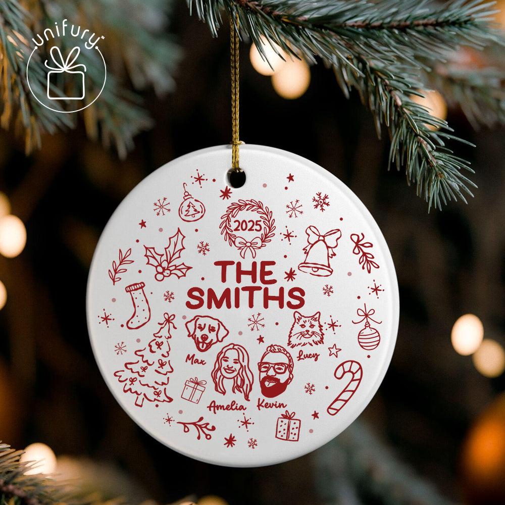 Custom Lineart Drawing Family Pet Ornament Ceramic Ornament - Family Ornament - Gifts For Dog Cat Lovers