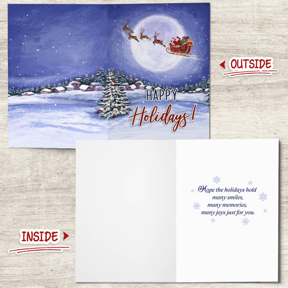 Moonlight Santa Sleigh Happy Holidays Folded Greeting Card