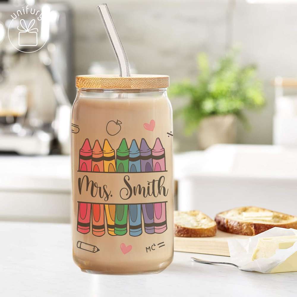 Personalized Teacher Crayon Clear Glass Tumbler, Custom Name Coffee Cup