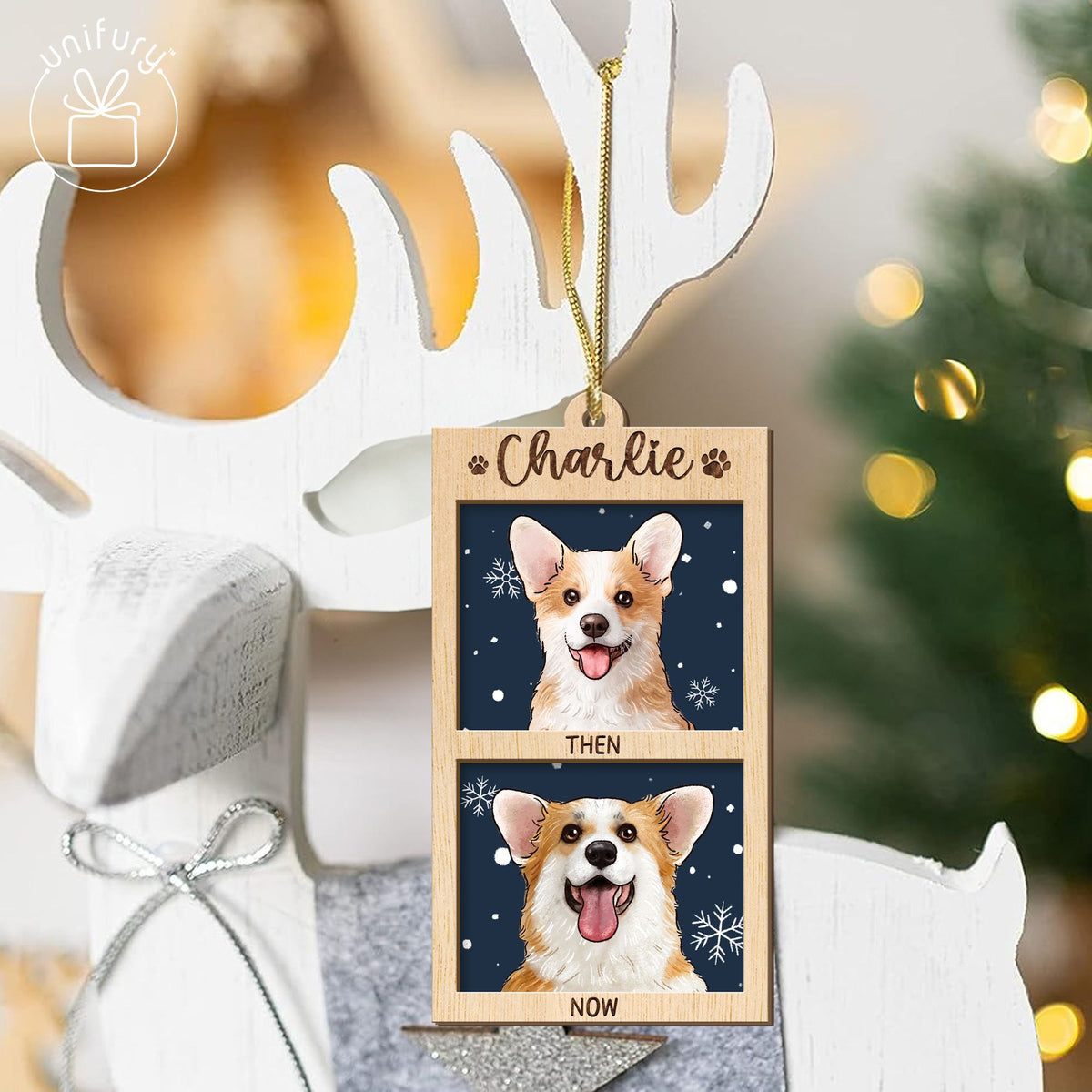 Custom Then And Now Pet Portrait Rectangle Wooden Ornament