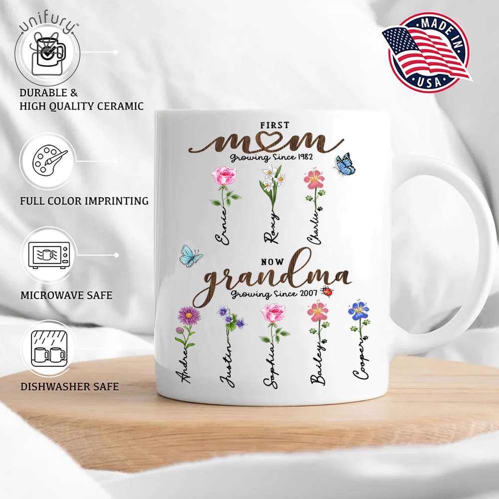 First Mom Now Grandma - Birth Flower Sign - Personalized Edge-to-Edge Mug For Grandma, Dog Cat Lovers