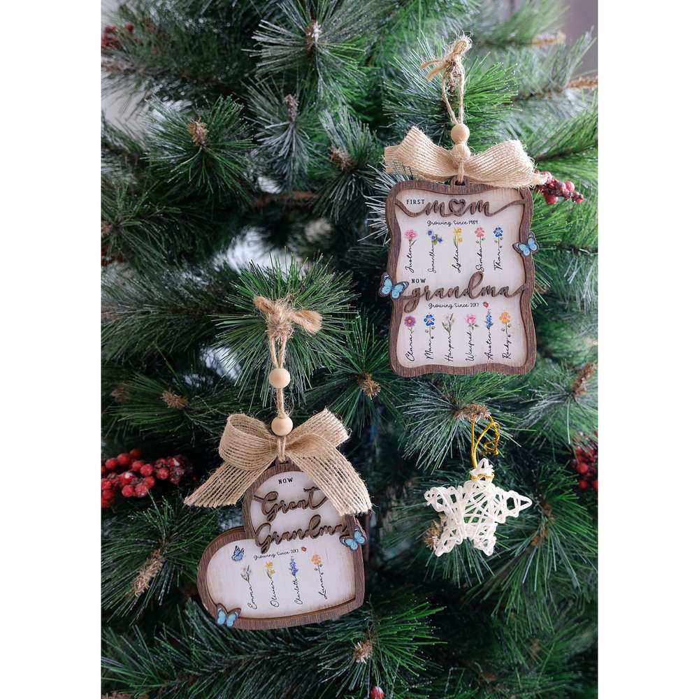 First Mom Then Grandma Now Great Grandma Custom Shape Wooden Ornament - Birth Flower - Gifts For Grandma, Dog Cat Lovers