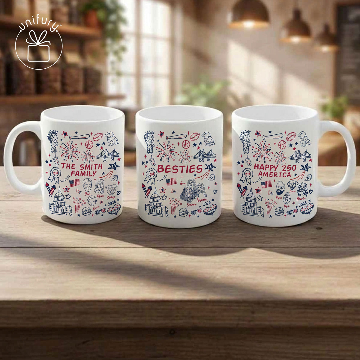 Custom 4th of July Line-art Drawing Ceramic Edge-to-Edge Mug - Gift For Family - Independence Day Gifts