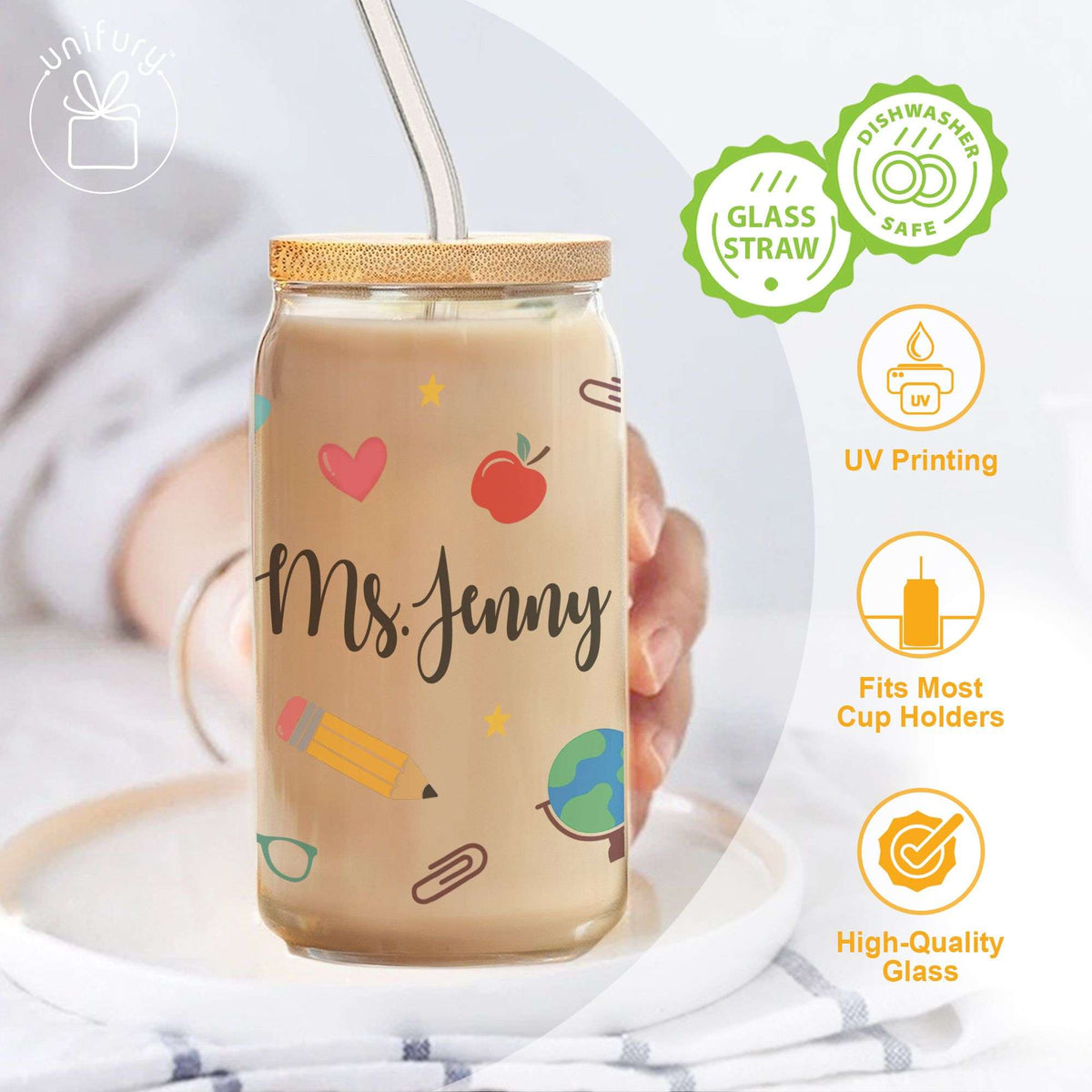 Personalized Teacher Heart Clear Glass Tumbler, Custom Name Coffee Cup