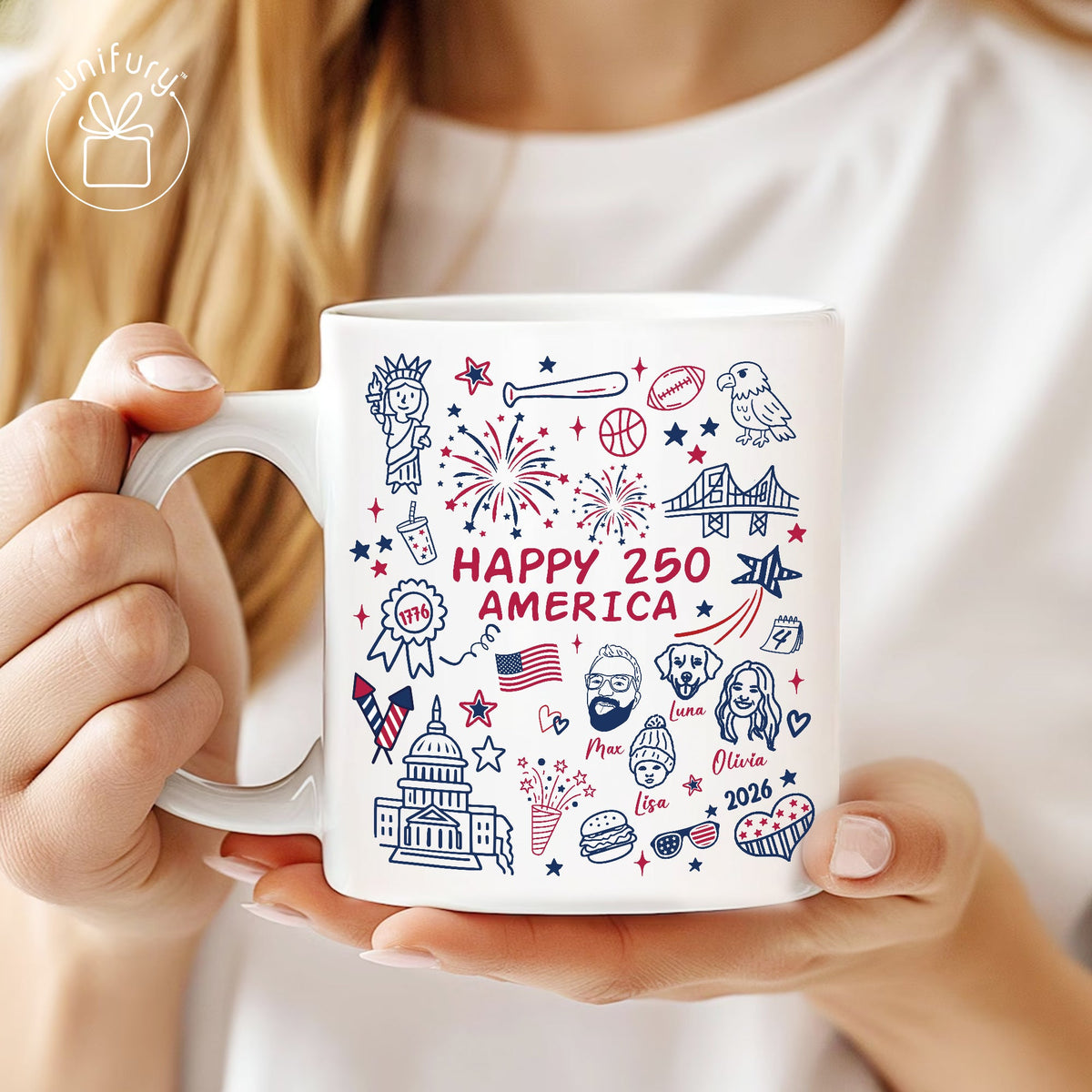 Custom 4th of July Line-art Drawing Ceramic Edge-to-Edge Mug - Gift For Family - Independence Day Gifts
