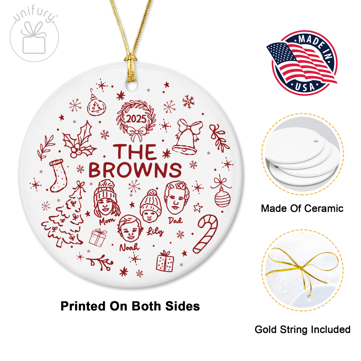Custom Lineart Drawing Family Pet Ornament Ceramic Ornament - Family Ornament - Gifts For Dog Cat Lovers