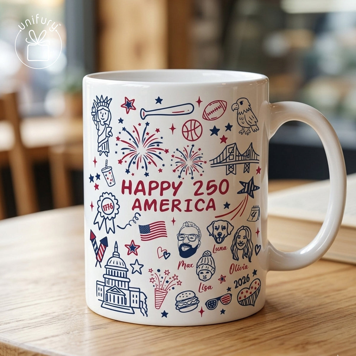 Custom 4th of July Line-art Drawing Ceramic Edge-to-Edge Mug - Gift For Family - Independence Day Gifts