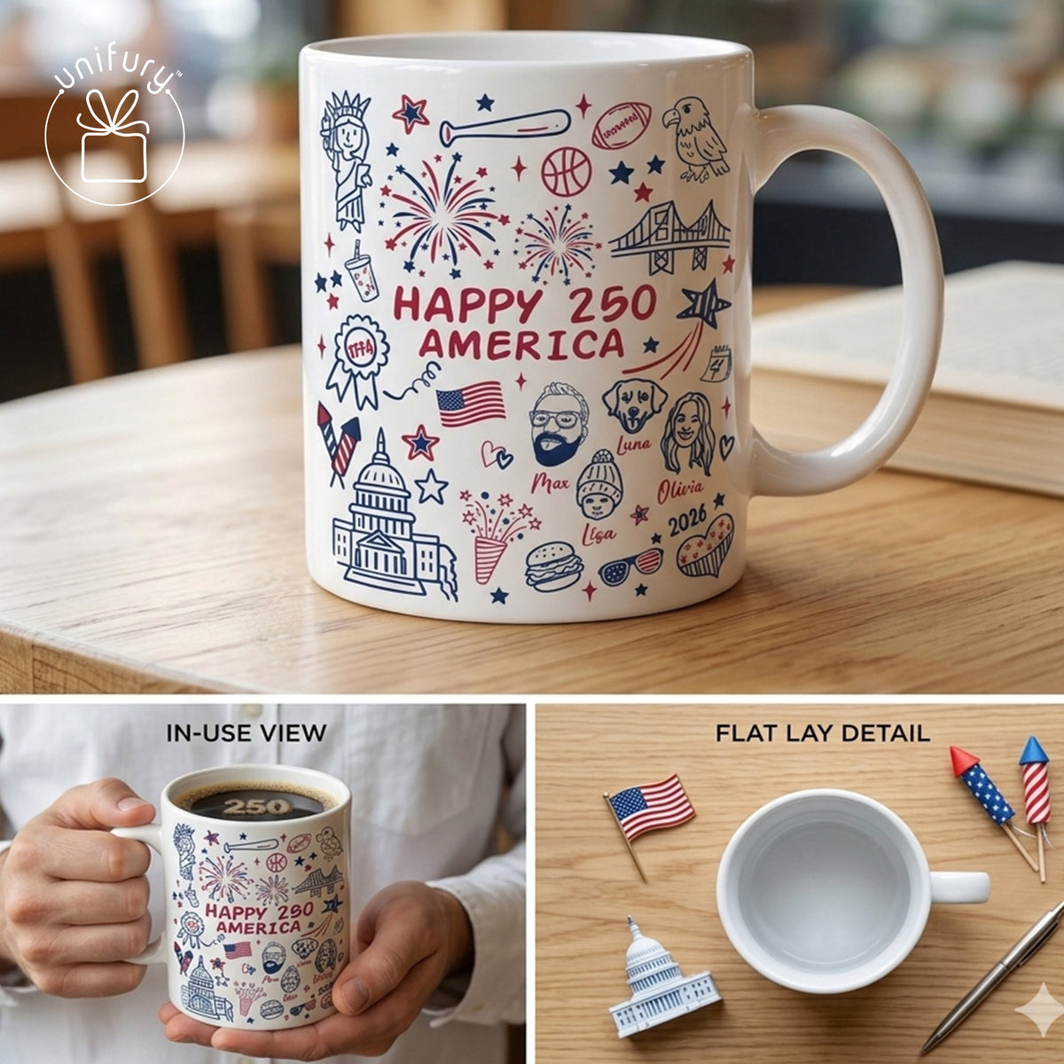 Custom 4th of July Line-art Drawing Ceramic Edge-to-Edge Mug - Gift For Family - Independence Day Gifts