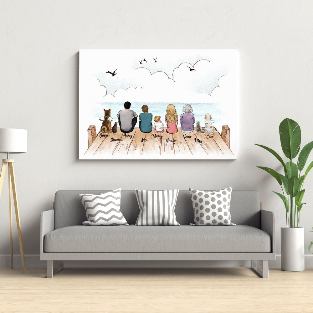 Printable Digital File - Personalized gifts with the whole family & dog & cat - UP. TO 9 PEOPLE & PETS - Wooden dock - Digital PNG Download
