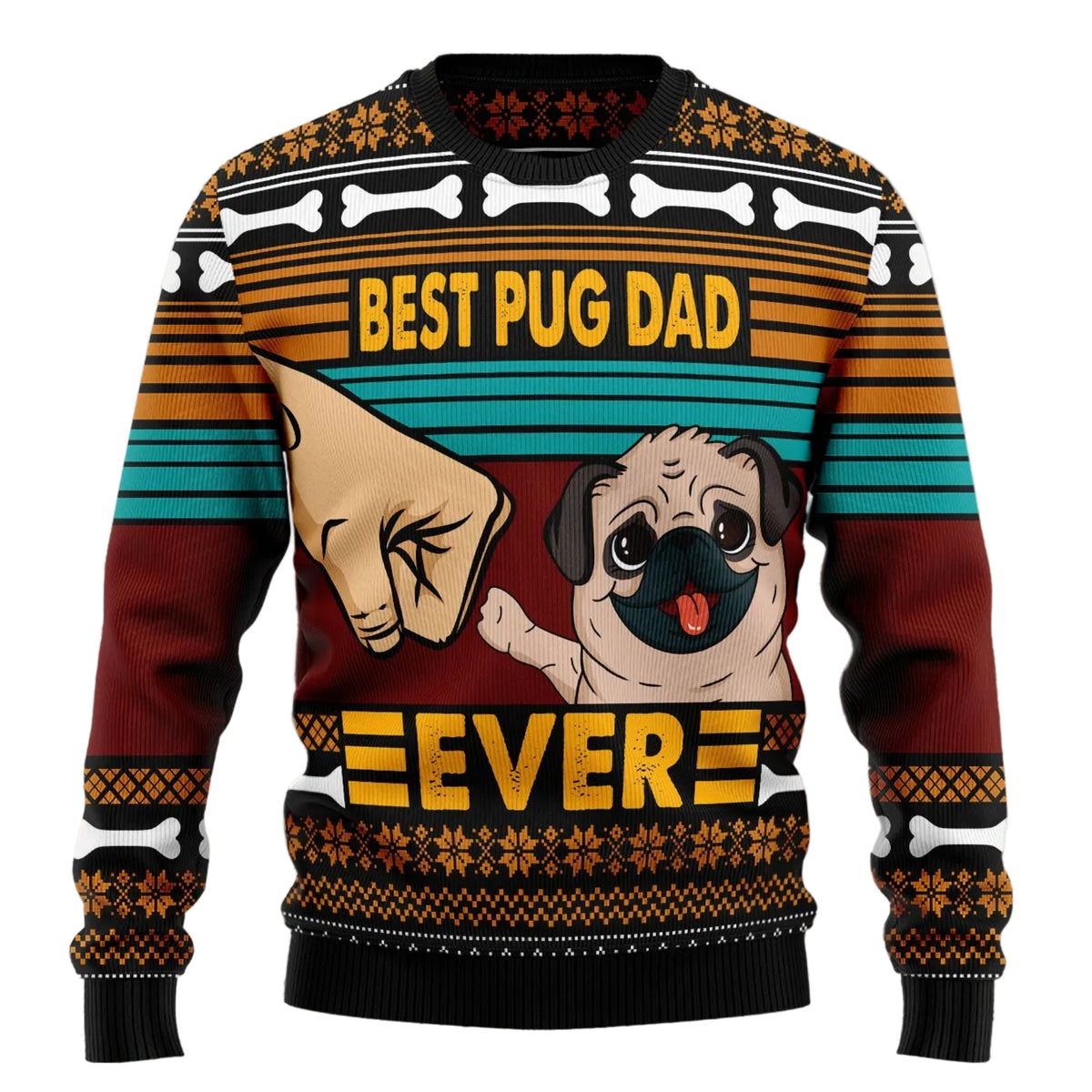 Pug Best Dog Dad Ugly Christmas Sweater, Funny Pug Holiday Pullover for Pet Fathers, Festive Winter Party Outfit
